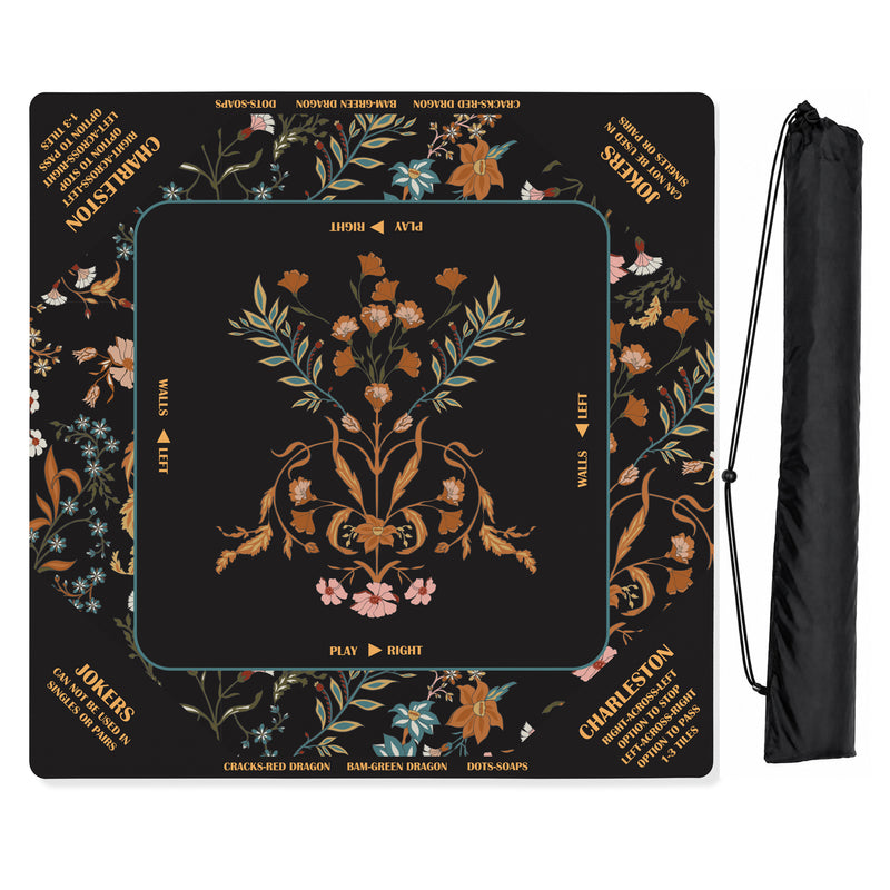 Boho Floral Wildflower Black and Orange Collection Mahjong Mat for Table with Rules - Shipped Rolled