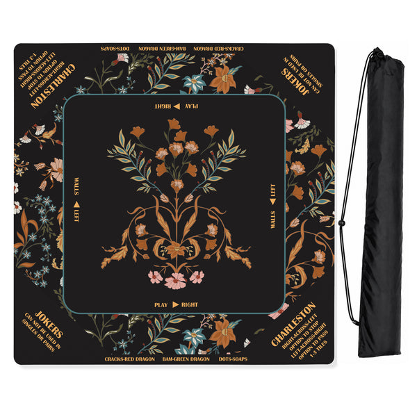Boho Floral Wildflower Black and Orange Collection Mahjong Mat for Table with Rules - Shipped Rolled