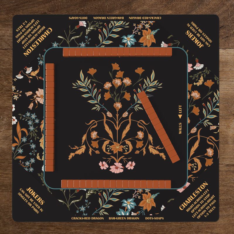 Boho Floral Wildflower Black and Orange Collection Mahjong Mat for Table with Rules - Shipped Rolled