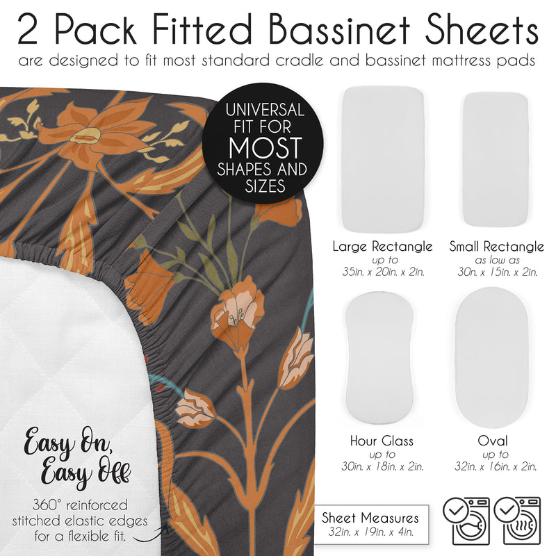 Boho Floral Wildflower Black and Orange Collection 2 Pack Baby Bassinet Fitted Sheets