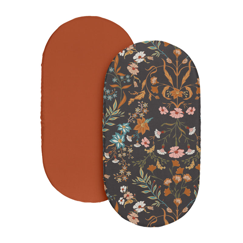 Boho Floral Wildflower Black and Orange Collection 2 Pack Baby Bassinet Fitted Sheets