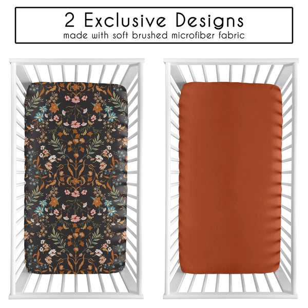 Boho Floral Wildflower Black and Orange Collection 2 Pack Crib Sheets alternate view