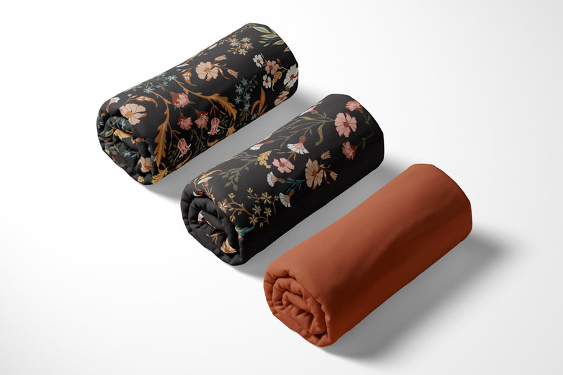 Boho Floral Wildflower Black and Orange Collection 3 Pack Crib Sheets