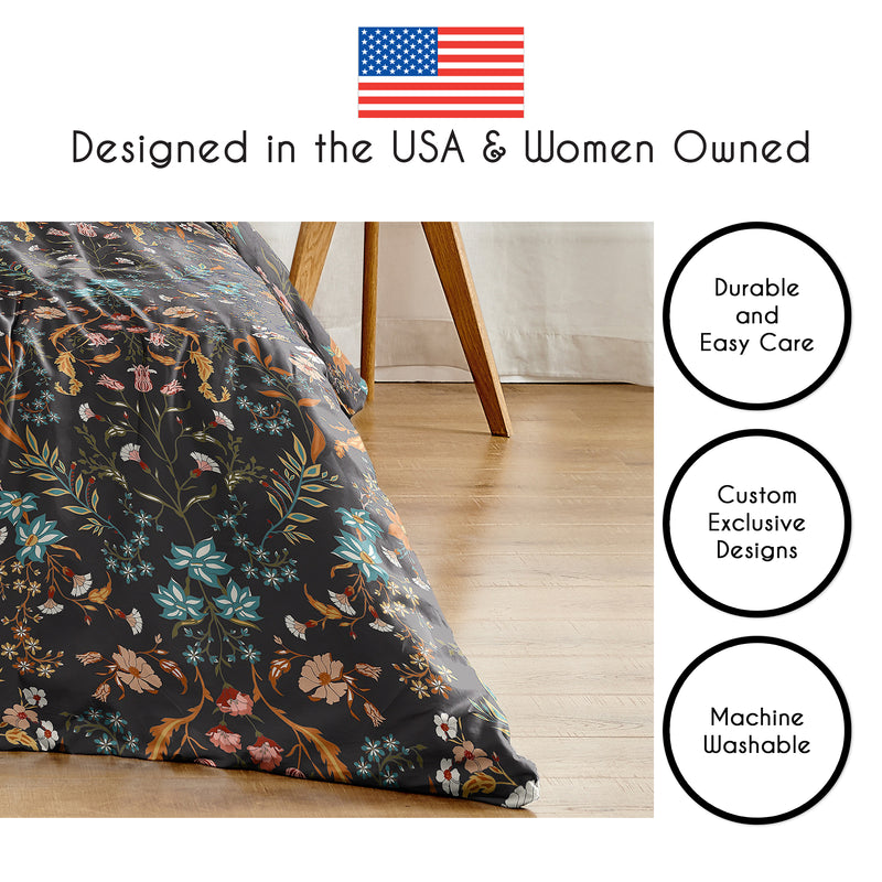 Boho Floral Wildflower Black and Orange Collection Twin Bedding
