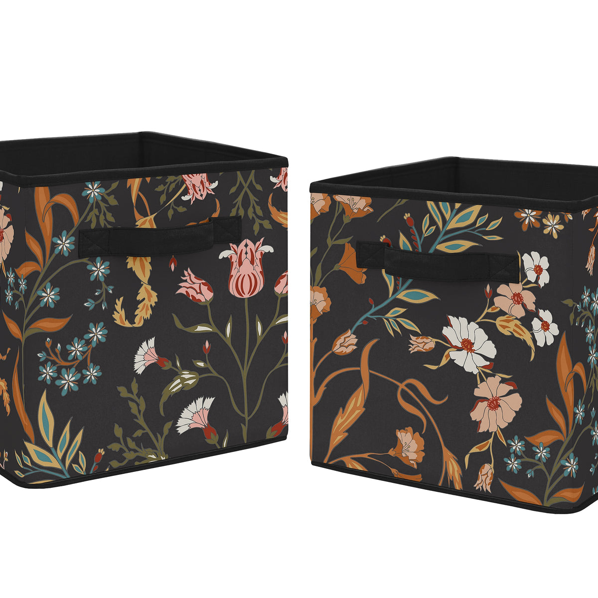 Boho Floral Wildflower Black and Orange Collection Foldable Fabric Storage Bins