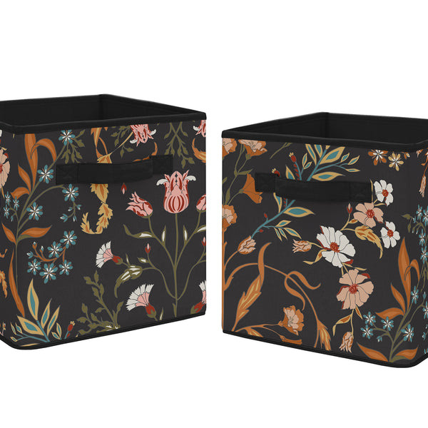 Boho Floral Wildflower Black and Orange Collection Foldable Fabric Storage Bins