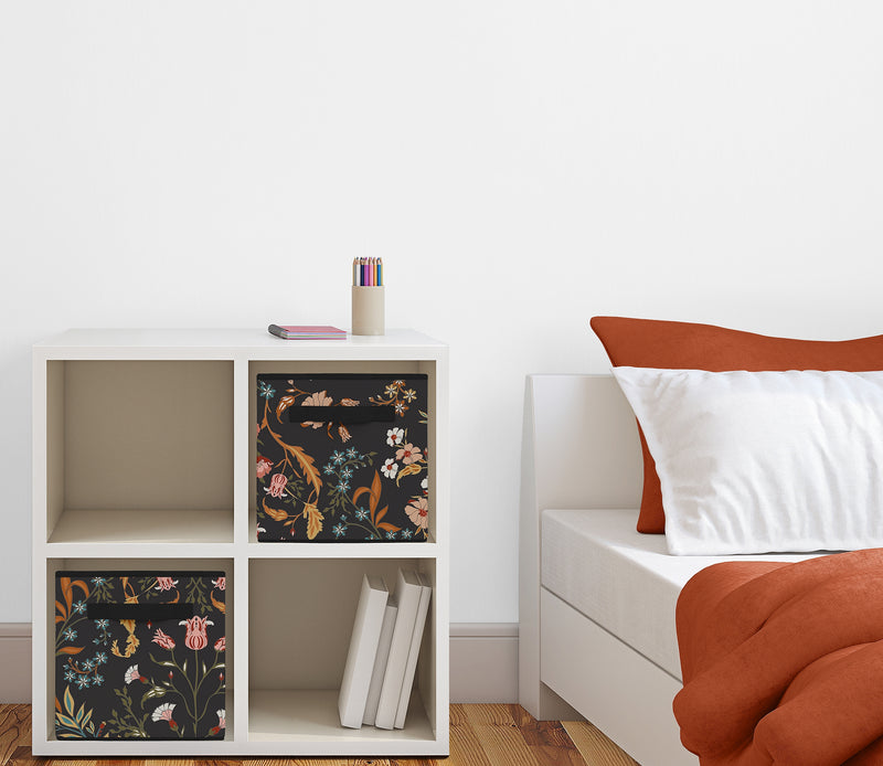 Boho Floral Wildflower Black and Orange Collection Foldable Fabric Storage Bins