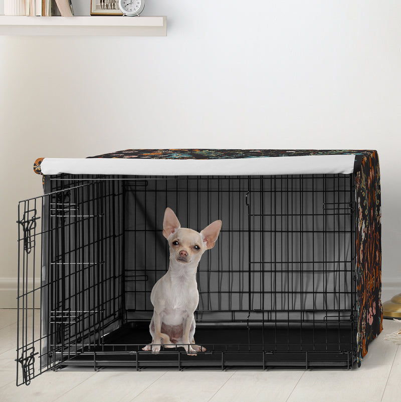 Boho Floral Wildflower Black and Orange Collection Dog Crate Kennel Cover 24in.