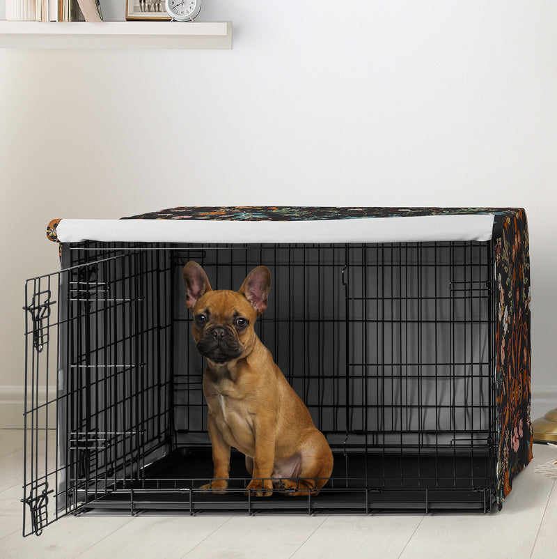 Boho Floral Wildflower Black and Orange Collection Dog Crate Kennel Cover 30in.