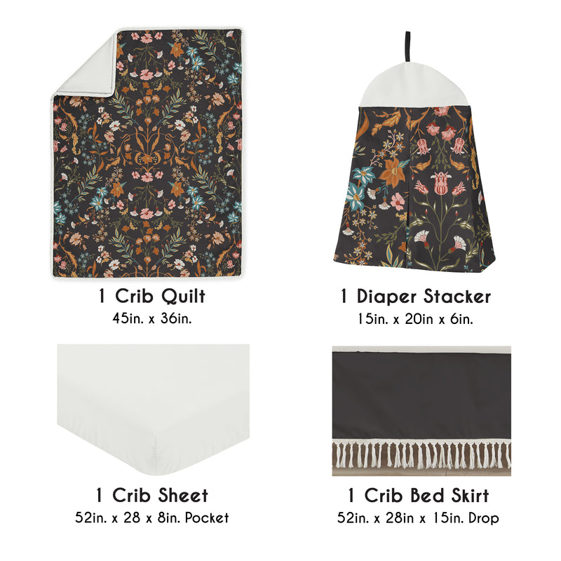 Boho Floral Wildflower Black and Orange Collection 4 Piece Crib Bedding