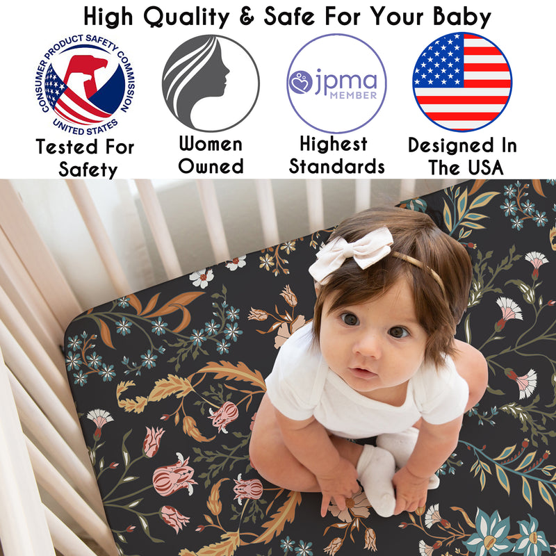 Boho Floral Wildflower Black and Orange Crib Sheet