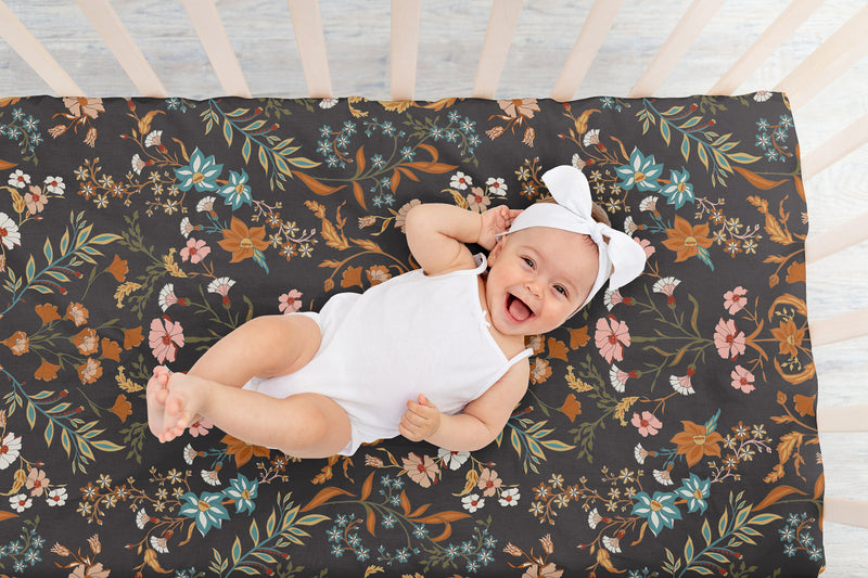 Boho Floral Wildflower Black and Orange Crib Sheet
