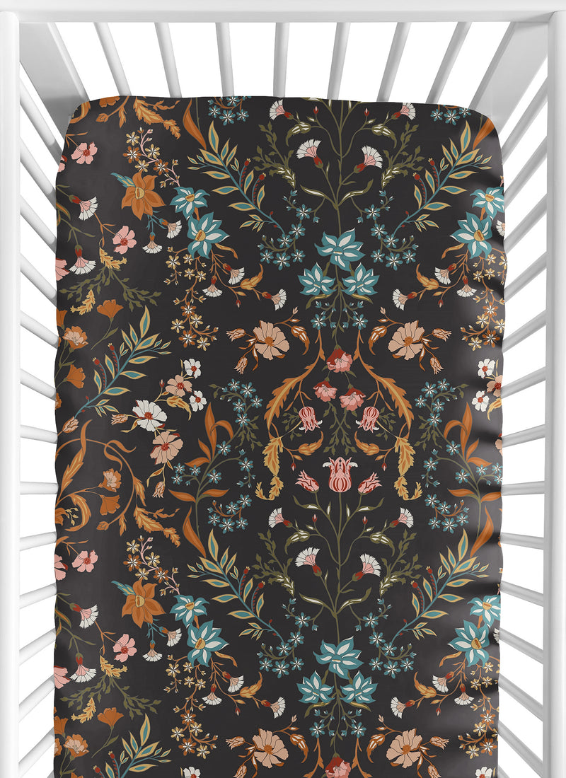 Boho Floral Wildflower Black and Orange Crib Sheet
