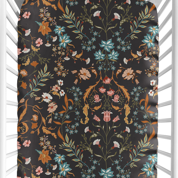 Boho Floral Wildflower Black and Orange Crib Sheet