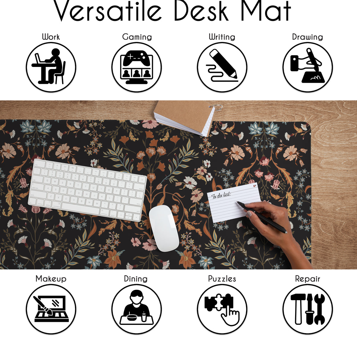 Boho Floral Wildflower Black and Orange Collection Large Mouse Pad Desk Mat