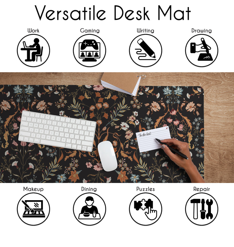 Boho Floral Wildflower Black and Orange Collection Large Mouse Pad Desk Mat