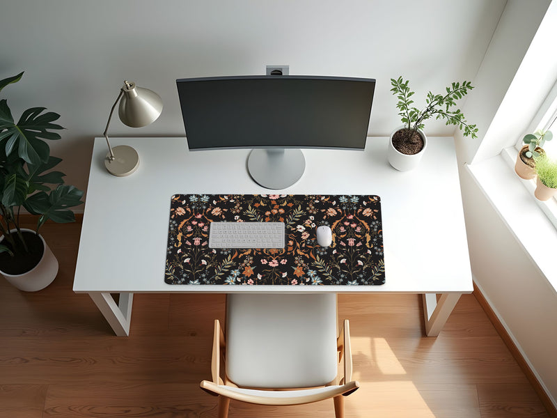 Boho Floral Wildflower Black and Orange Collection Large Mouse Pad Desk Mat
