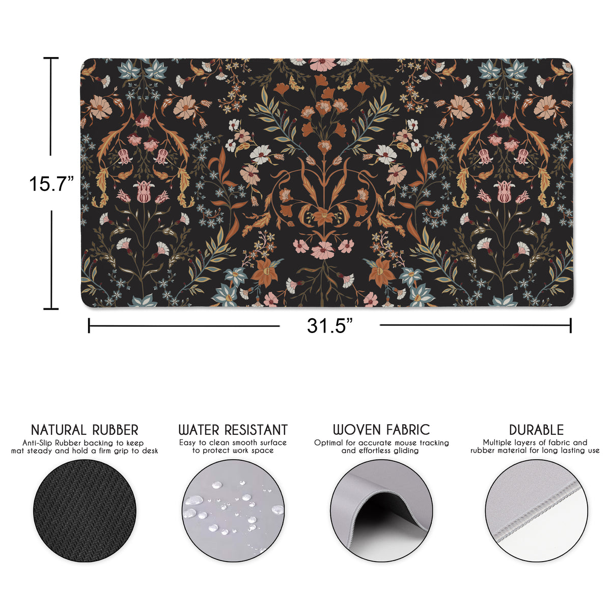 Boho Floral Wildflower Black and Orange Collection Large Mouse Pad Desk Mat