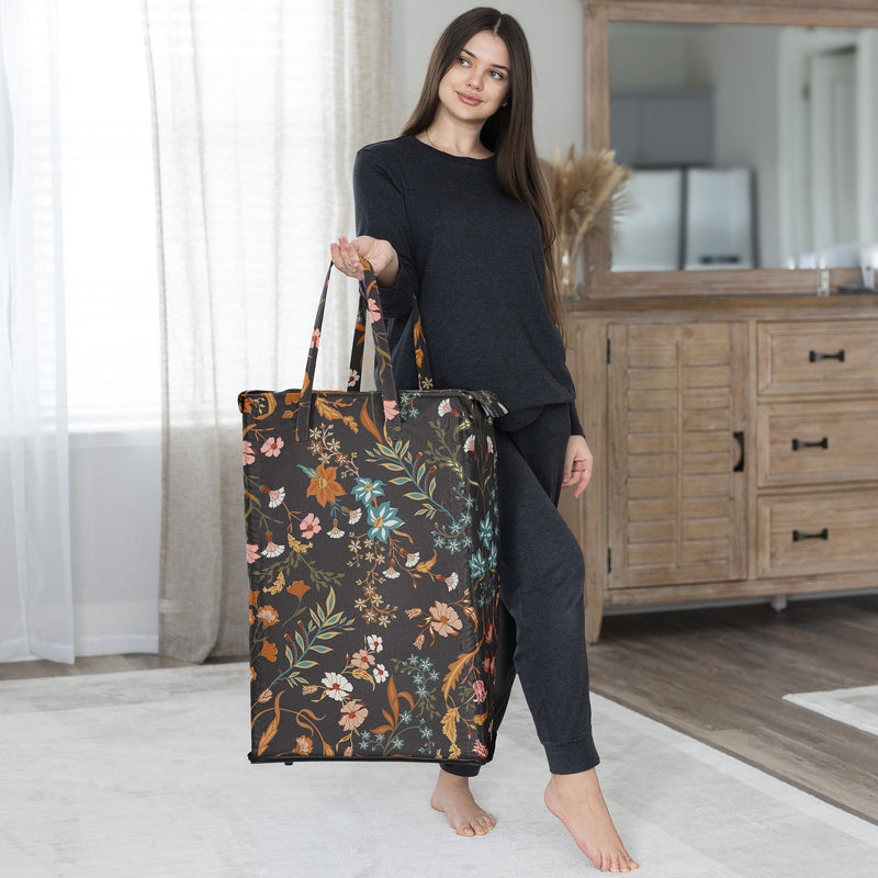Boho Floral Wildflower Black and Orange Collection Laundry Hamper with Handles