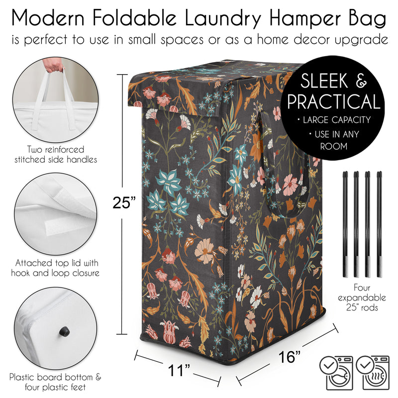 Boho Floral Wildflower Black and Orange Collection Laundry Hamper with Handles