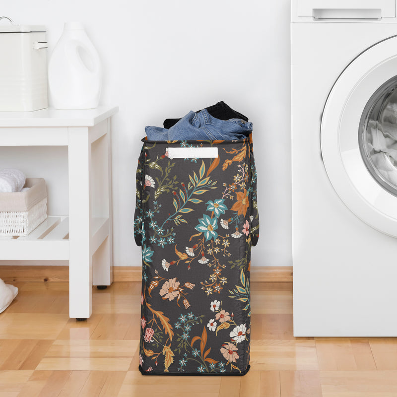 Boho Floral Wildflower Black and Orange Collection Laundry Hamper with Handles