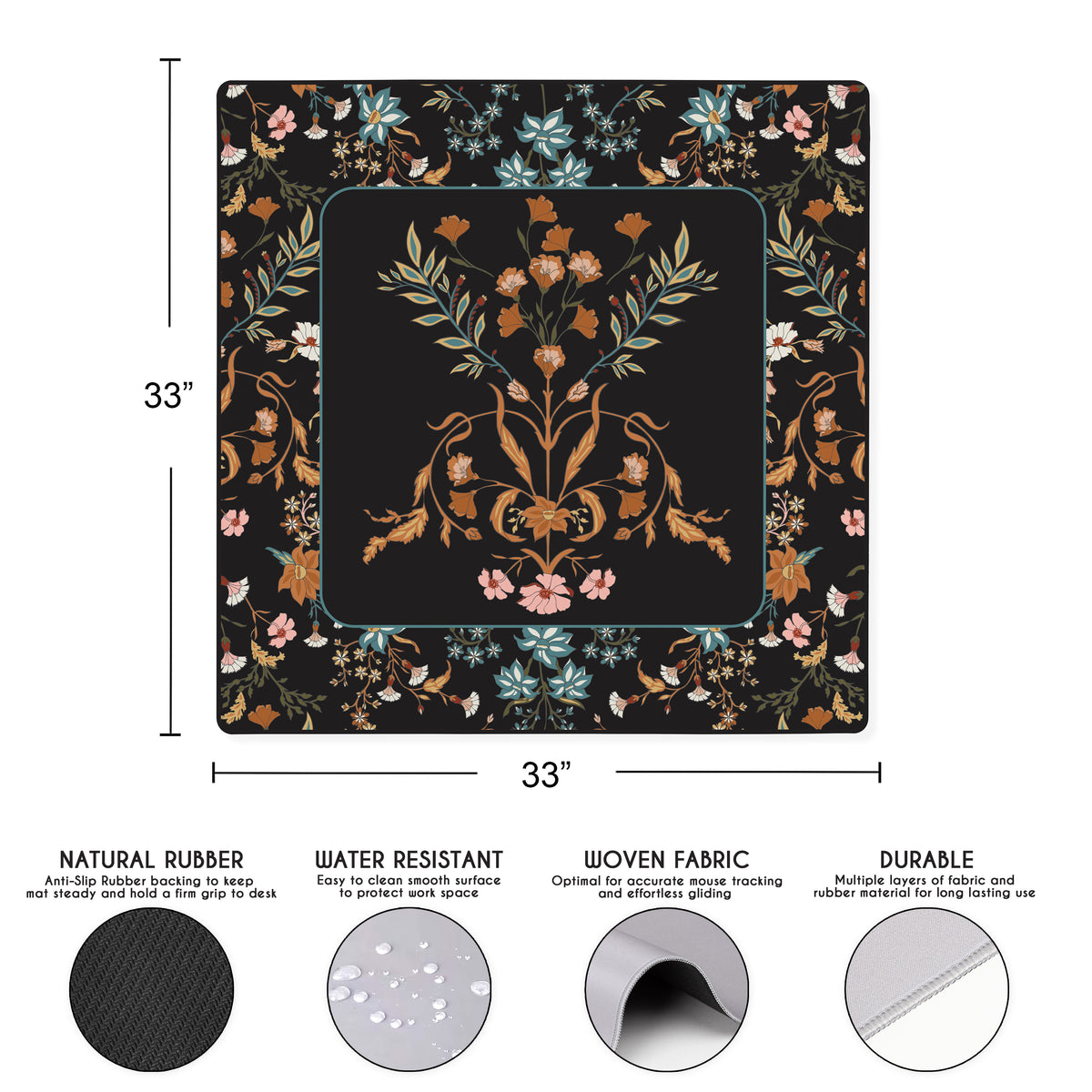 Boho Floral Wildflower Black and Orange Collection Mahjong Mat for Table - Shipped Rolled