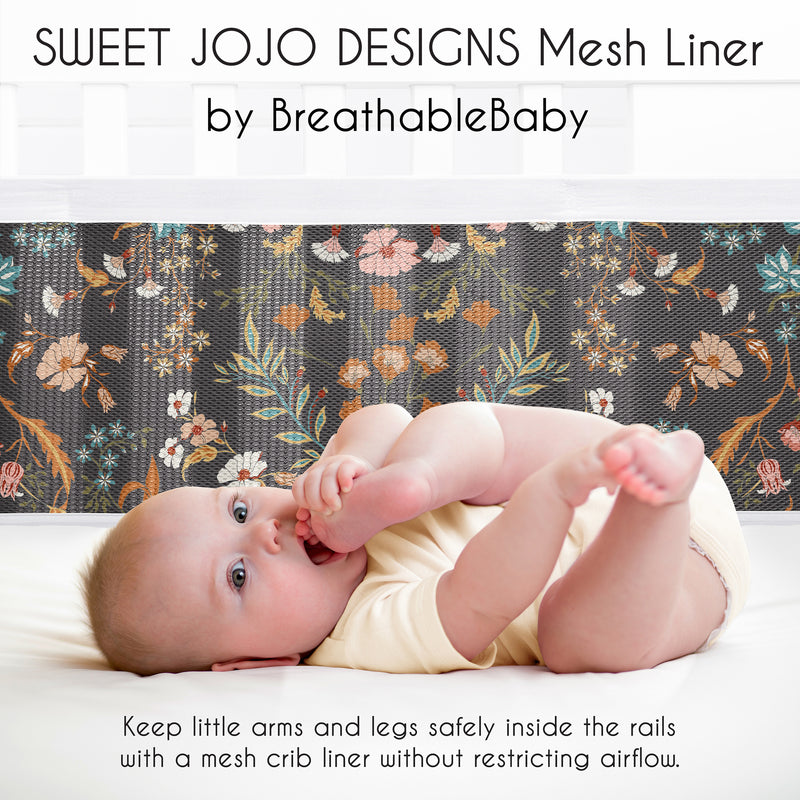 Boho Floral Wildflower Black and Orange Collection Sweet Jojo Designs + BreathableBaby Breathable Mesh Crib Liner