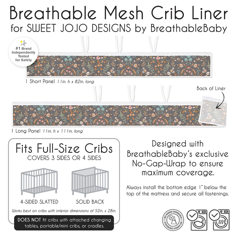Boho Floral Wildflower Black and Orange Collection Sweet Jojo Designs + BreathableBaby Breathable Mesh Crib Liner
