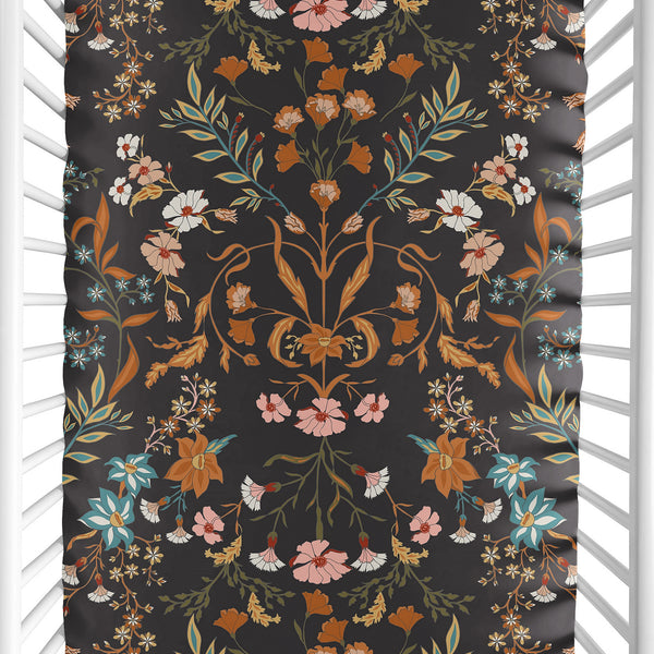 Boho Floral Wildflower Black and Orange Collection Mini Crib Sheet