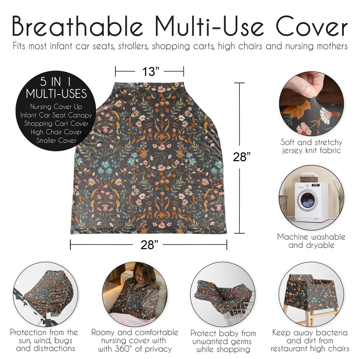 Boho Floral Wildflower Black and Orange Collection Multi Use Baby Car Seat and Nursing Cover