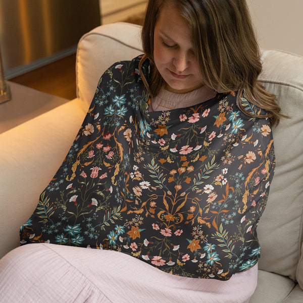 Boho Floral Wildflower Black and Orange Collection Multi Use Baby Car Seat and Nursing Cover alternate view