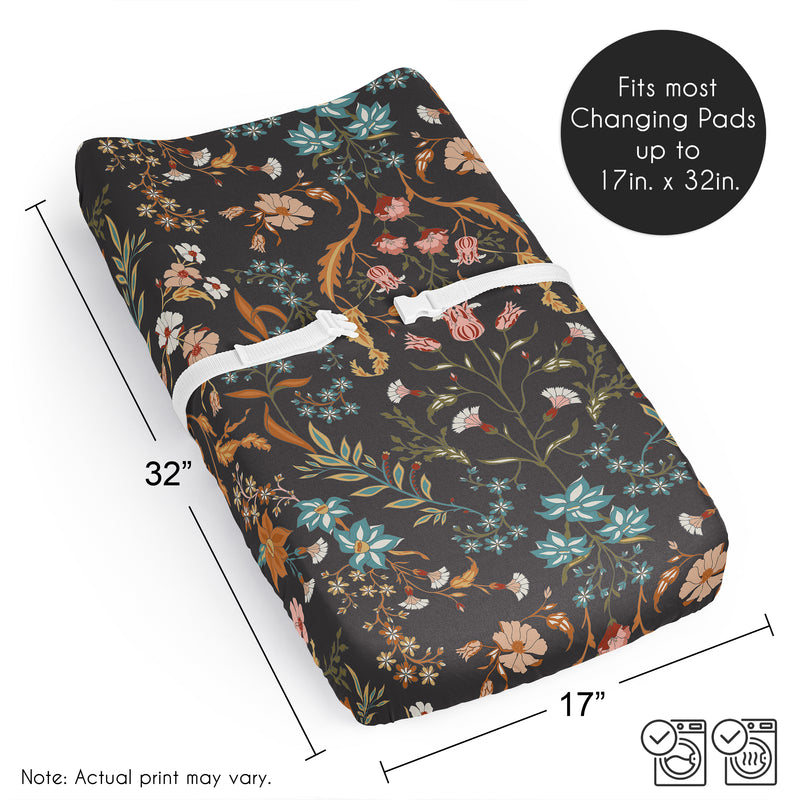 Boho Floral Wildflower Black and Orange Collection Changing Pad Cover Sheet