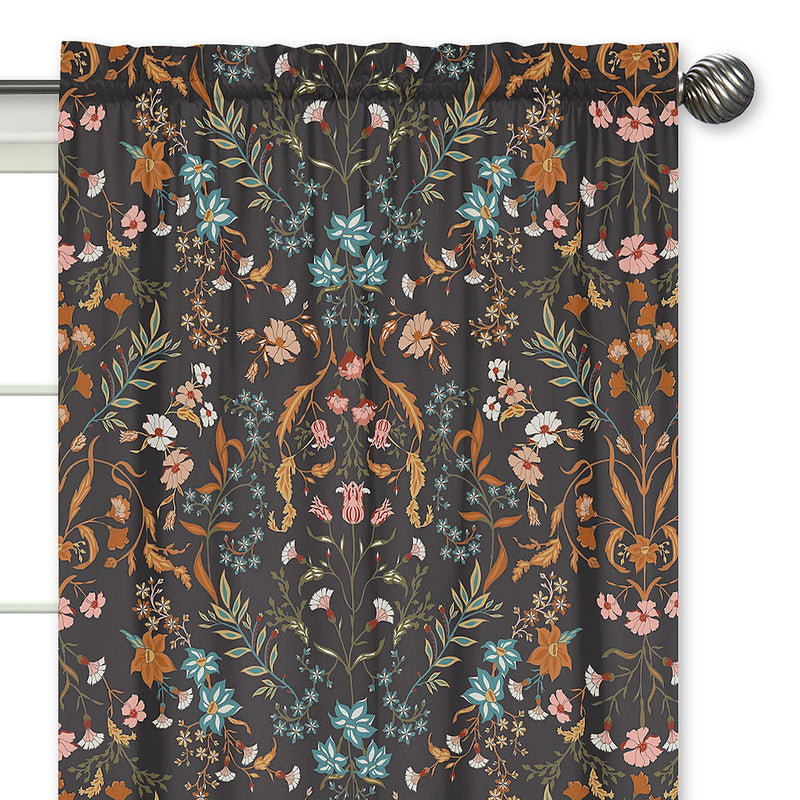 Boho Floral Wildflower Black and Orange Collection Window Panels - Set of 2