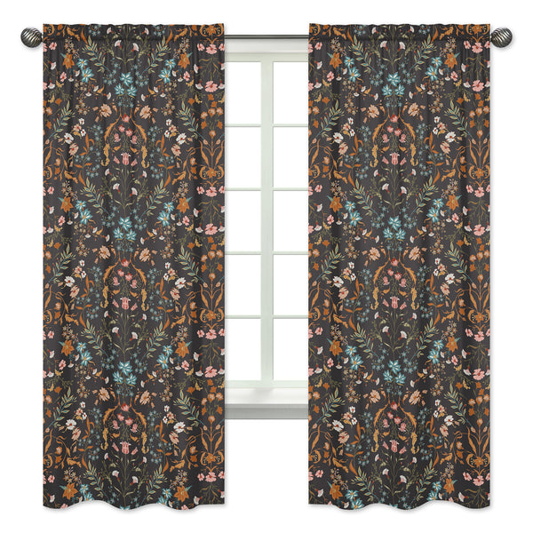 Boho Floral Wildflower Black and Orange Collection Window Panels - Set of 2