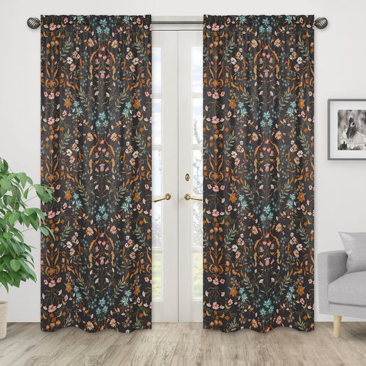 Boho Floral Wildflower Black and Orange Collection Window Panels - Set of 2
