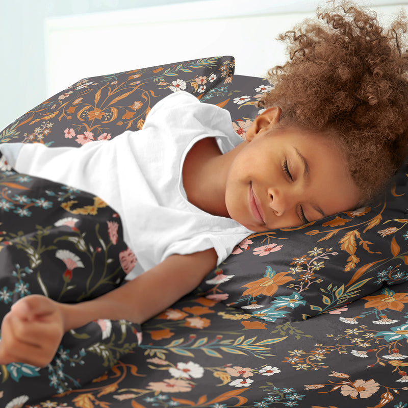 Boho Floral Wildflower Black and Orange Collection King Sheet Set