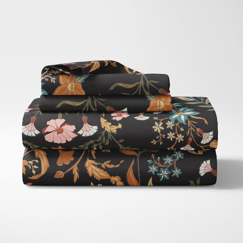 Boho Floral Wildflower Black and Orange Collection Queen Sheet Set