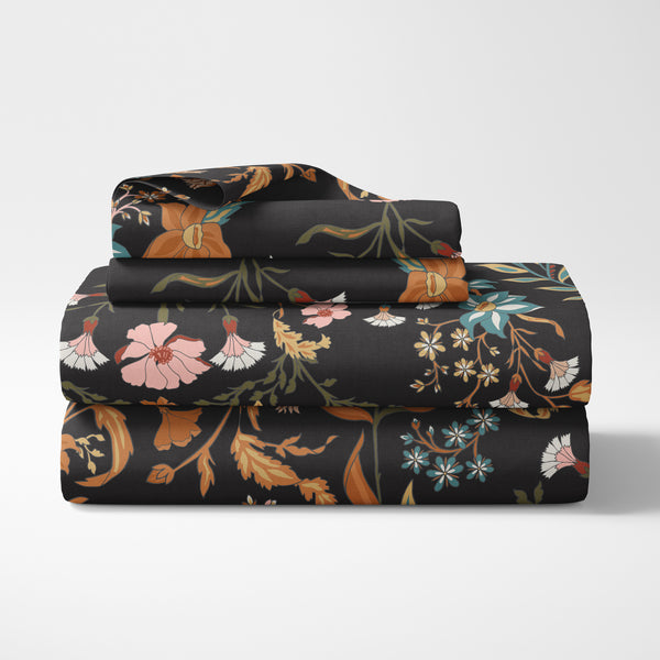 Boho Floral Wildflower Black and Orange Collection King Sheet Set alternate view