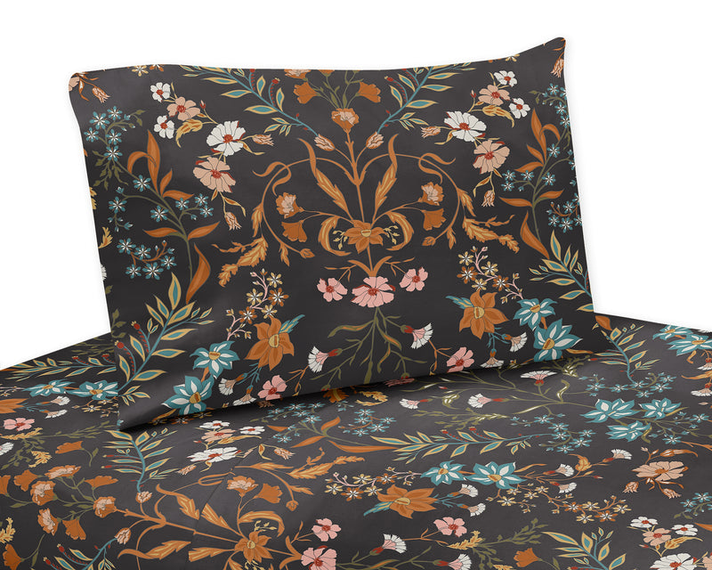 Boho Floral Wildflower Black and Orange Collection King Sheet Set