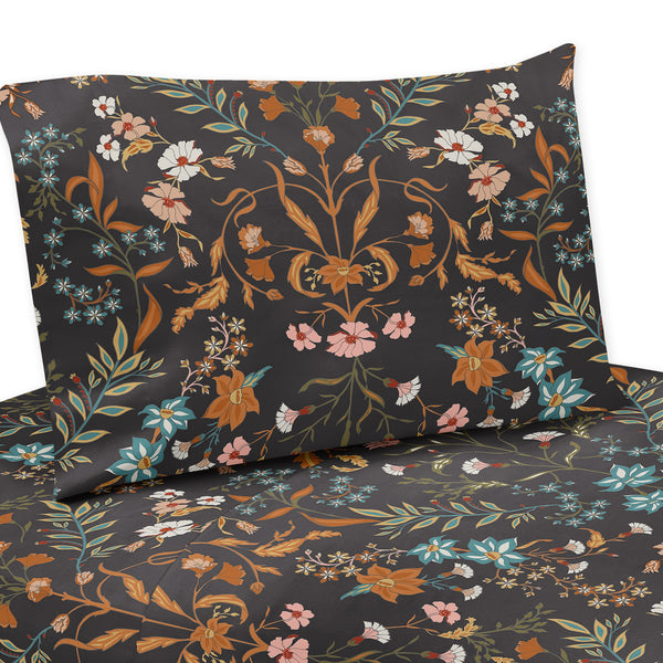 Boho Floral Wildflower Black and Orange Collection King Sheet Set