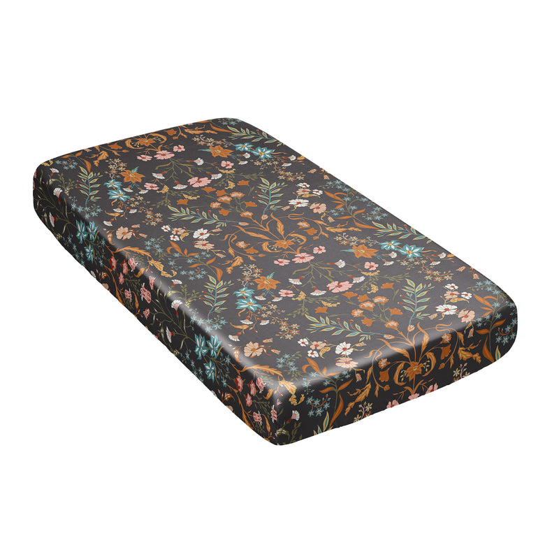 Boho Floral Wildflower Black and Orange Collection Satin Fitted Crib Sheet