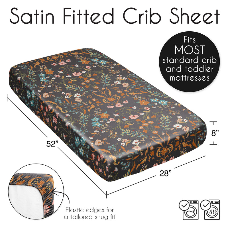 Boho Floral Wildflower Black and Orange Collection Satin Fitted Crib Sheet