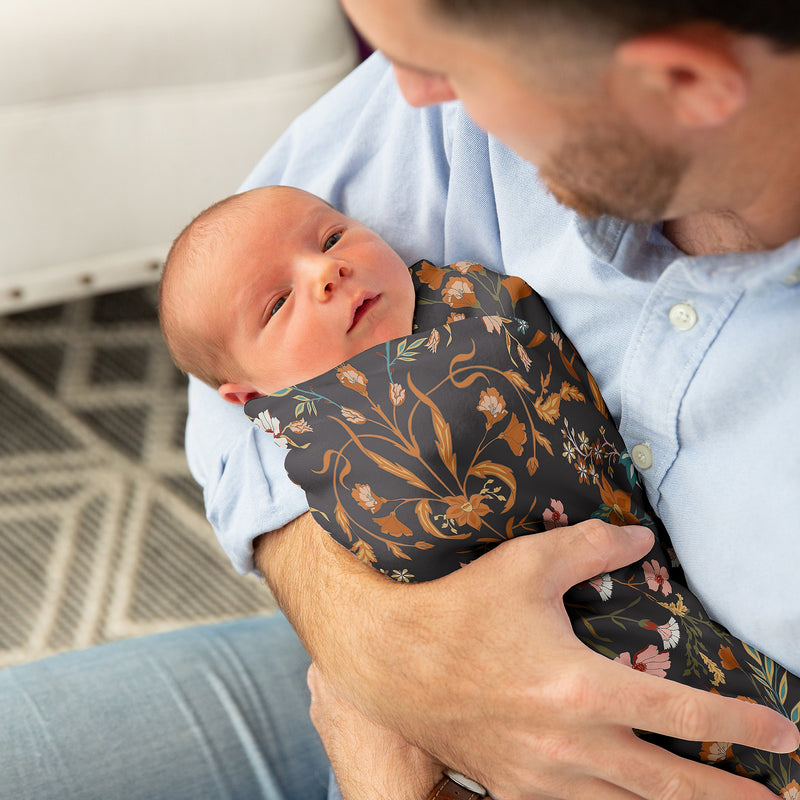 Boho Floral Wildflower Black and Orange Collection Baby Swaddle Blanket