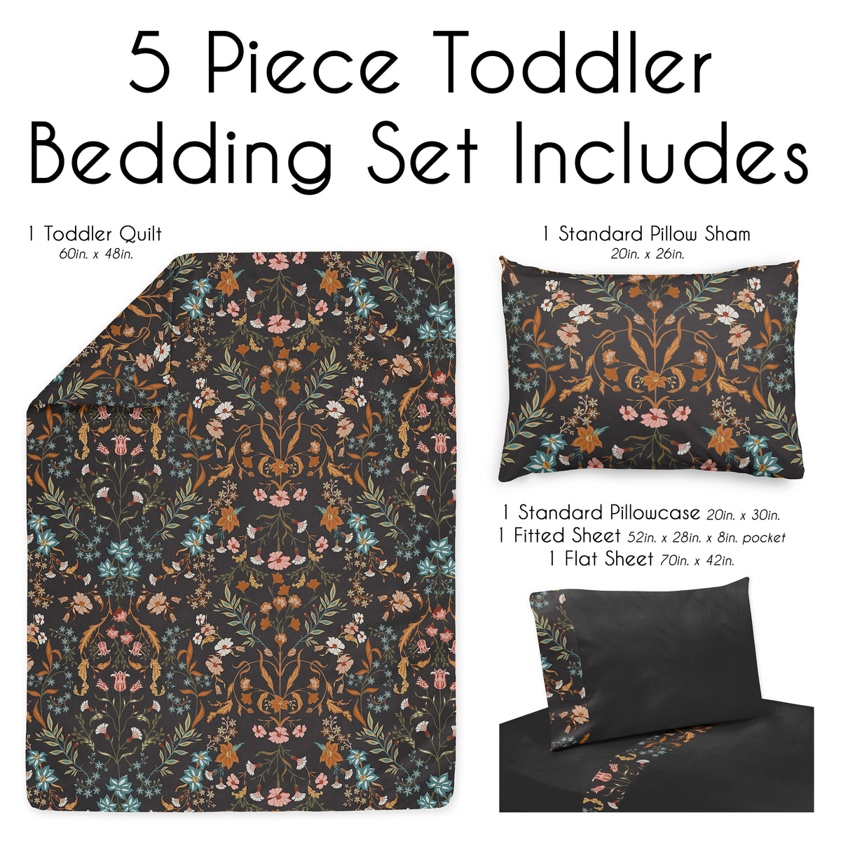 Boho Floral Wildflower Black and Orange Collection Toddler Bedding