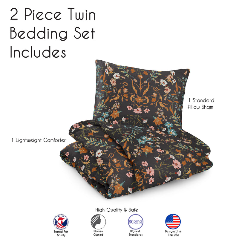 Boho Floral Wildflower Black and Orange Collection Twin Bedding