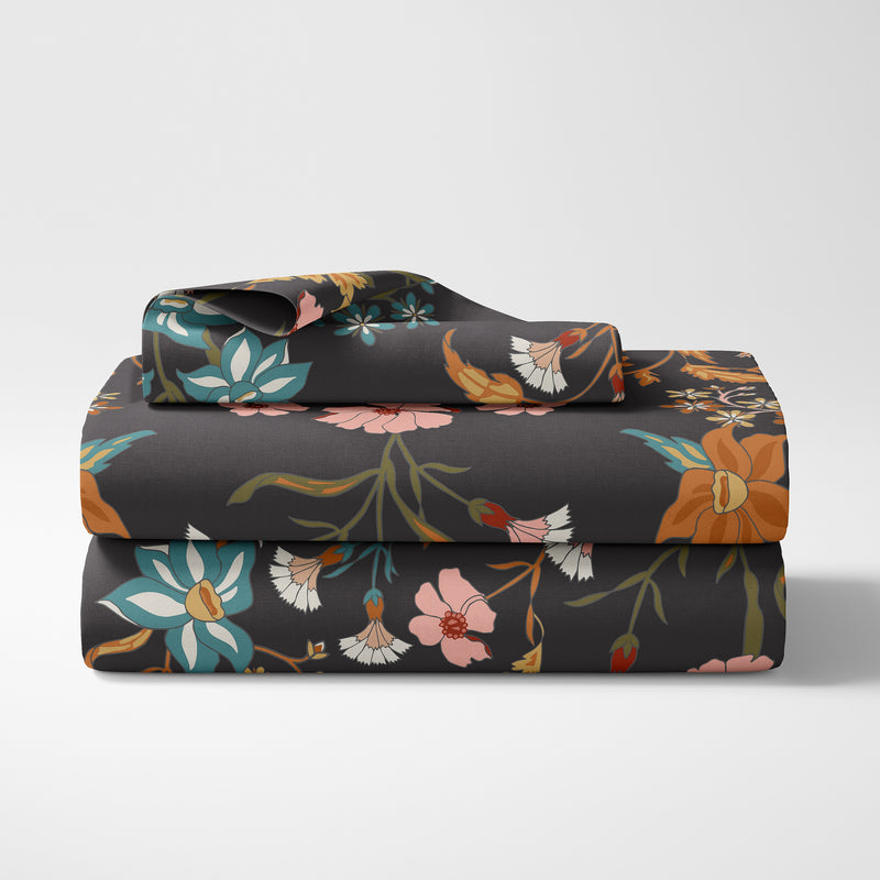 Boho Floral Wildflower Black and Orange Collection Twin Sheet Set