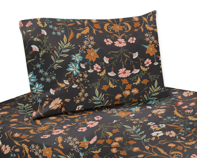 Boho Floral Wildflower Black and Orange Collection Twin Sheet Set