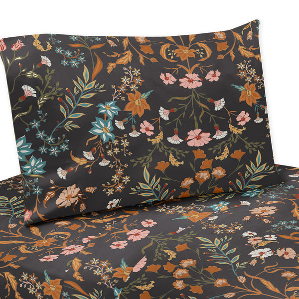 Boho Floral Wildflower Black and Orange Collection Twin Sheet Set