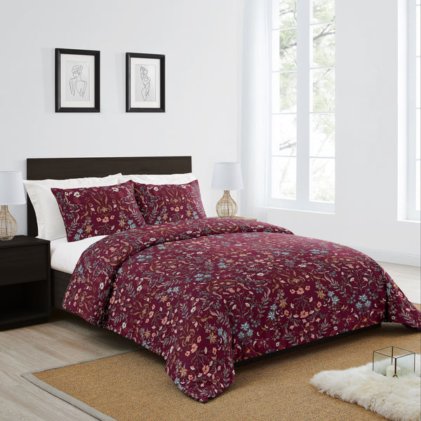 Boho Floral Wildflower Burgundy Red and Orange Collection Queen Duvet Cover Bedding Set alternate view