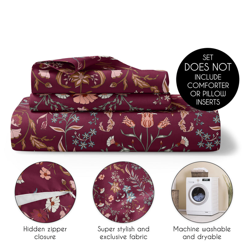 Boho Floral Wildflower Burgundy Red and Orange Collection Queen Duvet Cover Bedding Set